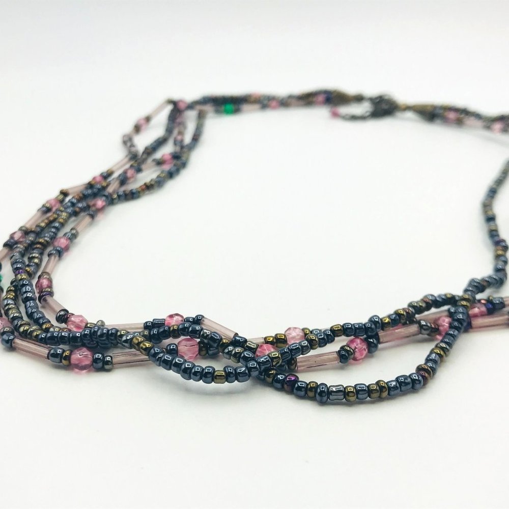 Vintage necklace seed beads navy and pink colors by Premier Designs 16" length
